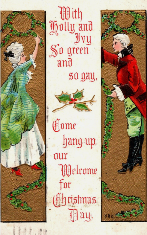 HBG Christmas, Colonial Man Woman, Holly, Garland, c1910 Embossed Postcard