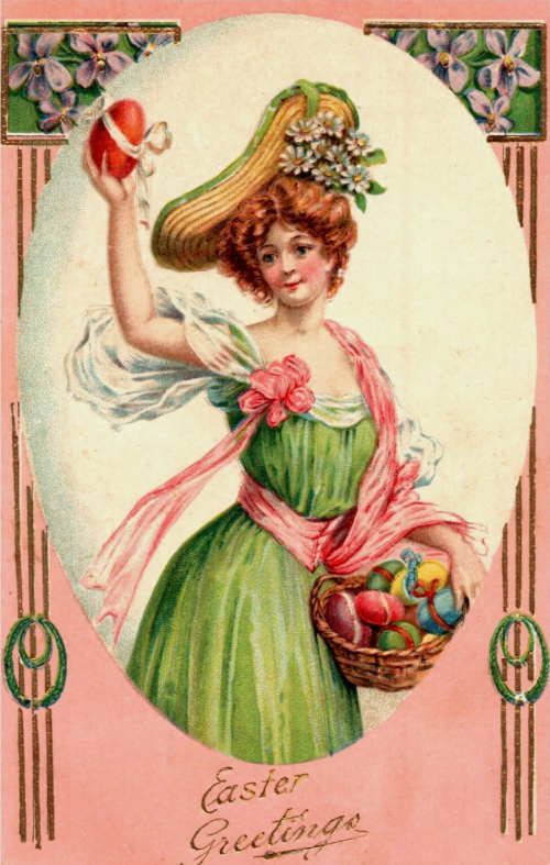 Easter Greetings Victorian Woman, colorful easter eggs, basket, c1909 Postcard