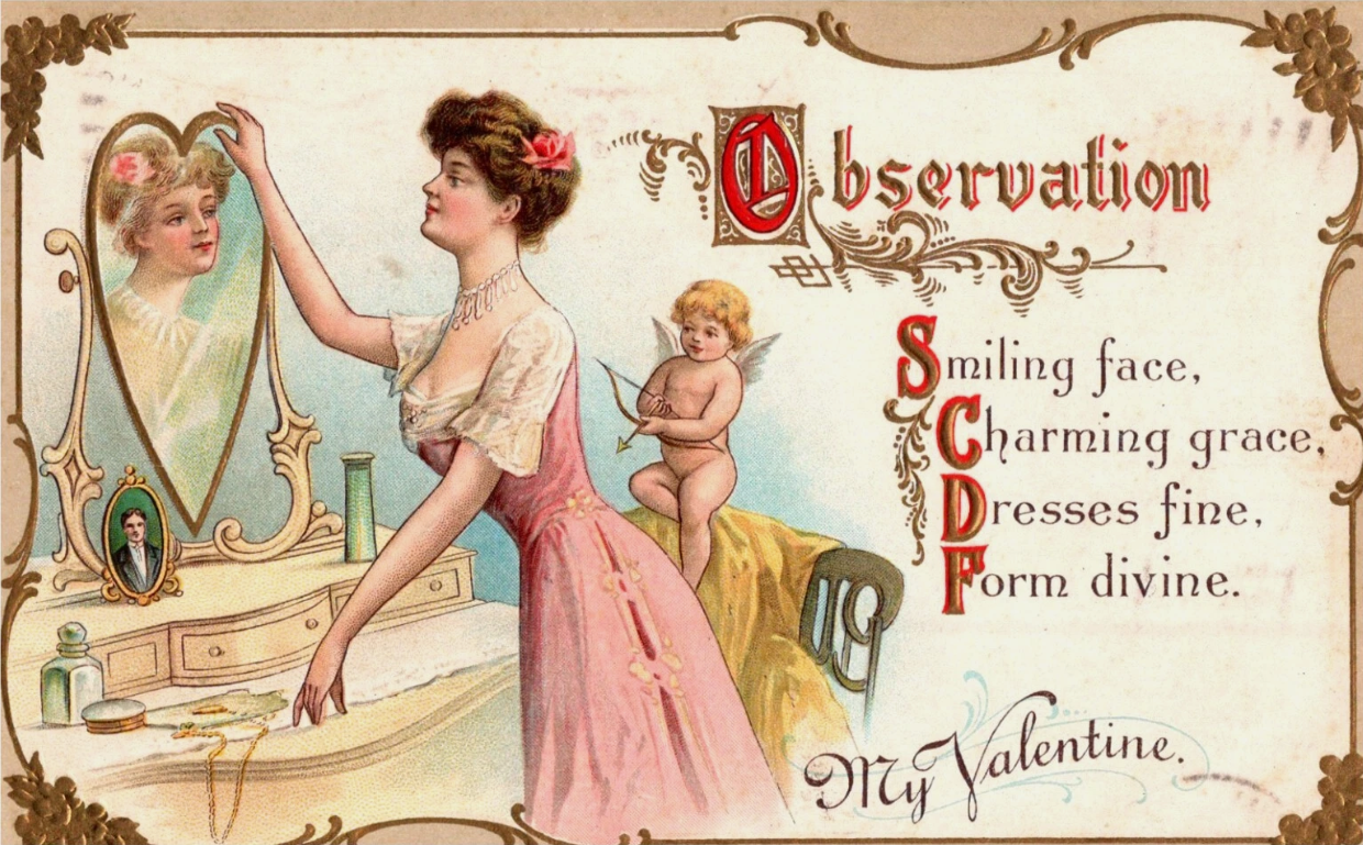 My Valentine, Victorian Lady, Cupid, c1910 Embossed Vintage Postcard