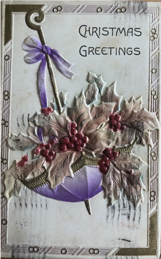 Christmas Greetings, Umbrella, Holly, Leaves, Berries, Embossed c1909 Postcard