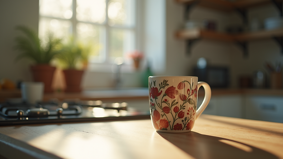 High angle view of a hand-painted coffee mug on a kitchen counter