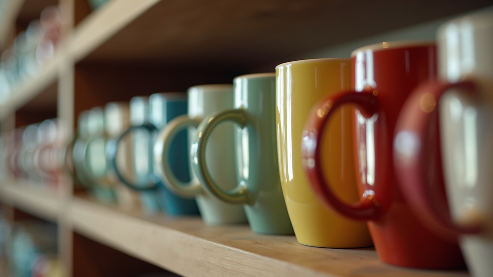 Eye-level view of a shelf displaying various colourful coffee mugs