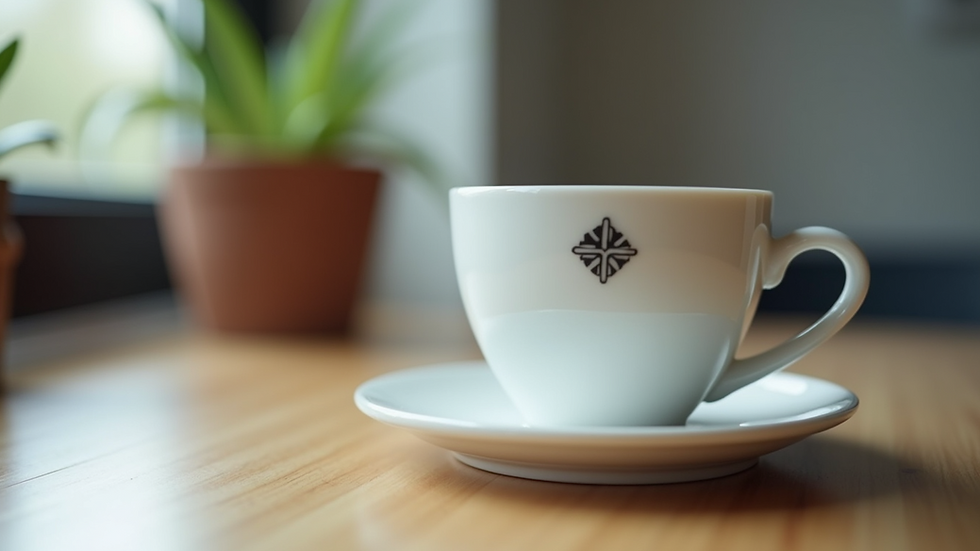 Close-up view of a white ceramic mug with a small black geometric shape near the handle
