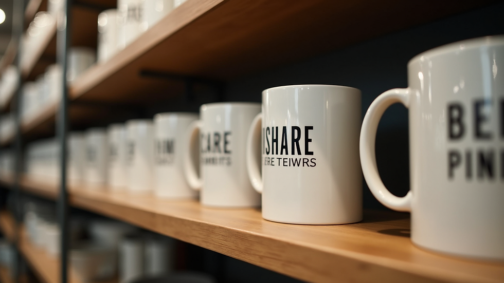 Eye-level view of a shelf displaying various personalized mugs
