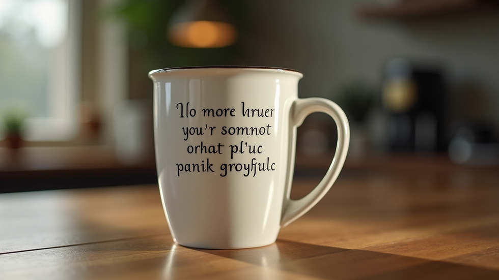 Close-up of a ceramic coffee mug with a humorous quote