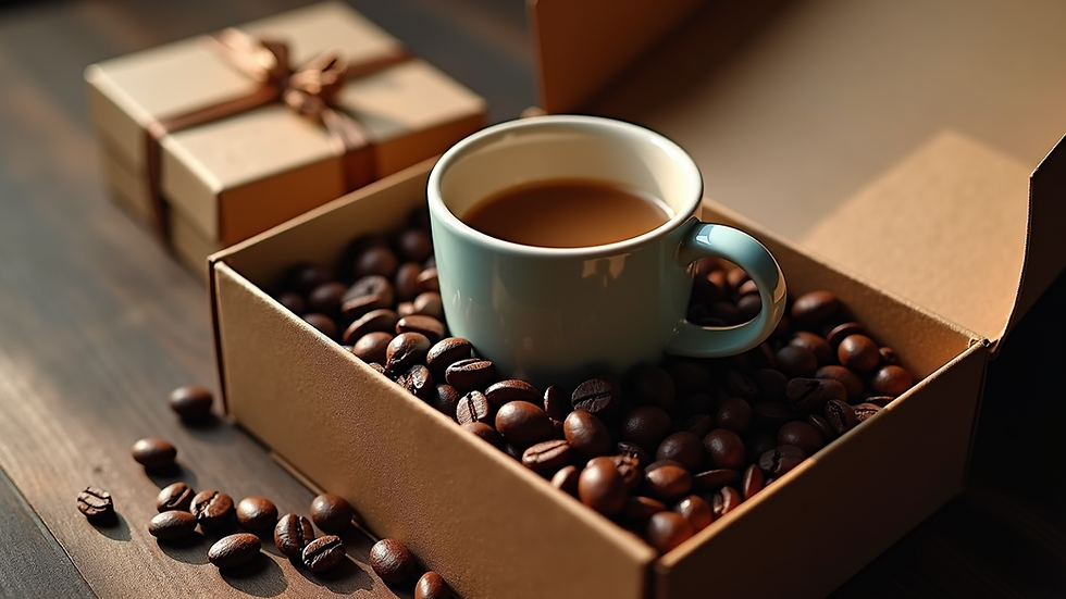 High angle view of a gift box containing a coffee mug and coffee beans