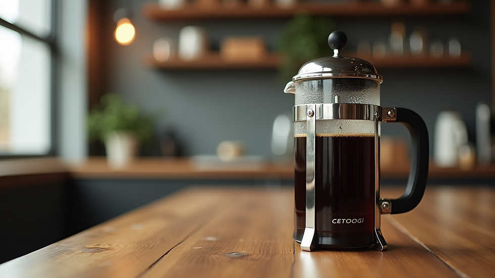 Eye-level view of a French press coffee maker on a wooden table