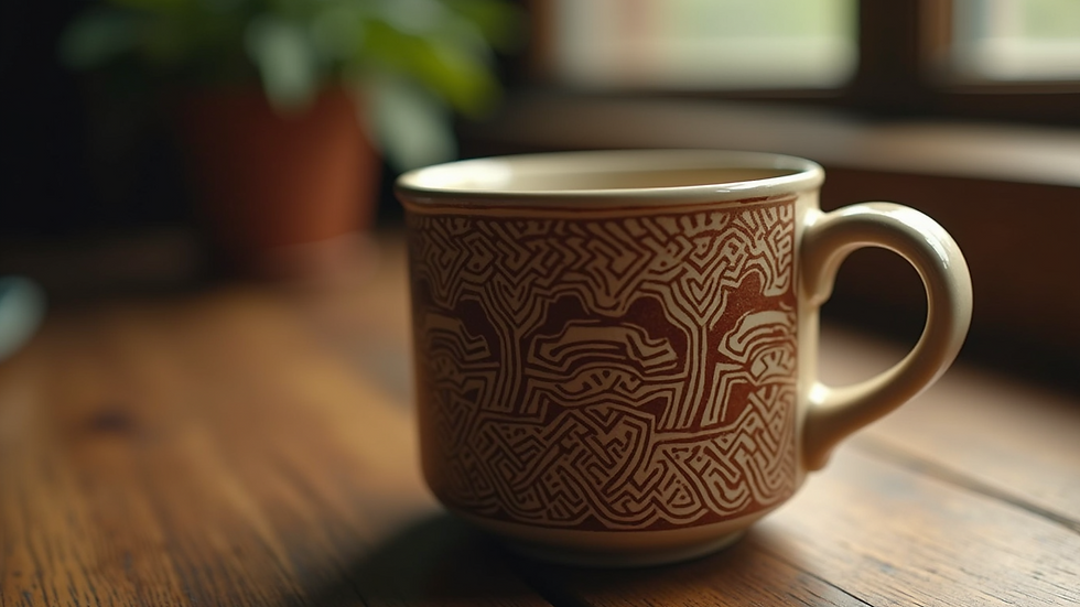 High angle view of a patterned mug with traditional Maori designs in earthy tones