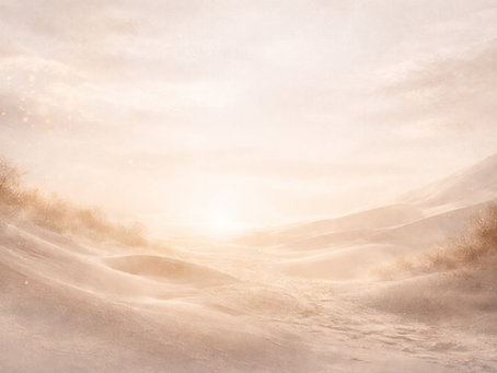 Soft, sunlit desert landscape with warm beige sand dunes and glowing light on the horizon, creating a calm, ethereal atmosphere