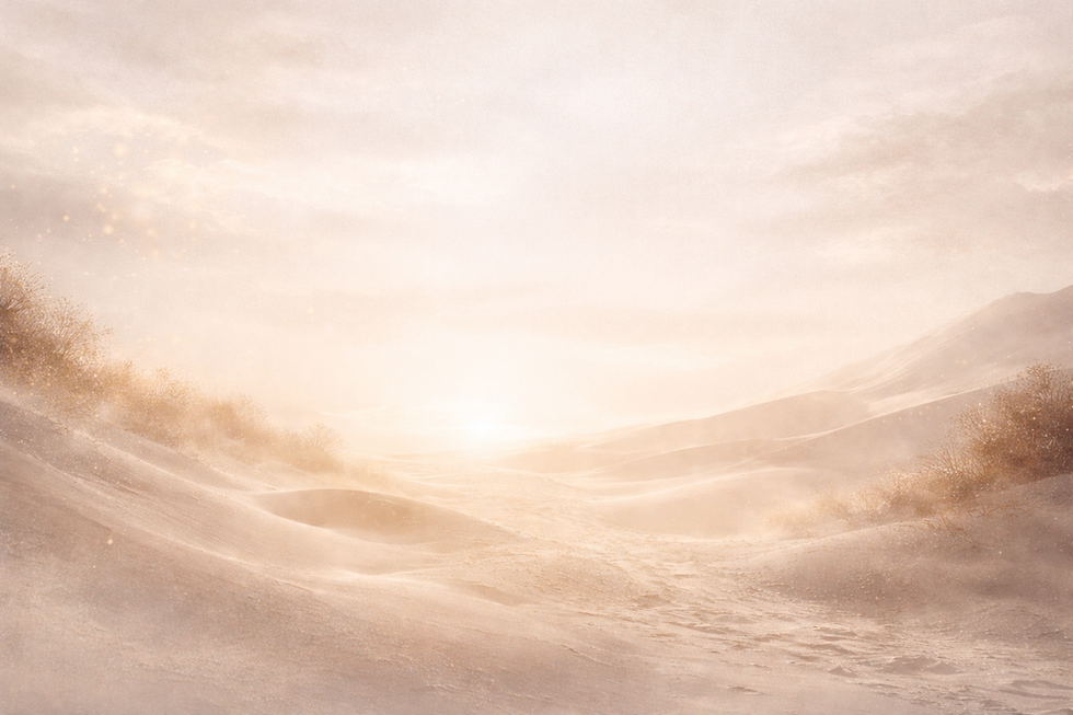 Soft, sunlit desert landscape with warm beige sand dunes and glowing light on the horizon, creating a calm, ethereal atmosphere
