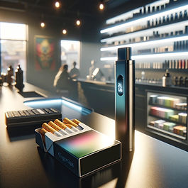 DALL·E 2024-04-03 20.46.11 - On the counter of a modern vape shop, there's a cigarette pac