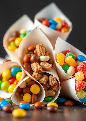 different candies in a candy bar m&Ms chocolate bars sour strips, nerds gummy clusters in