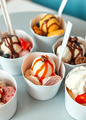 multiple ice creams in plain white paper bowls with toppings.jpg
