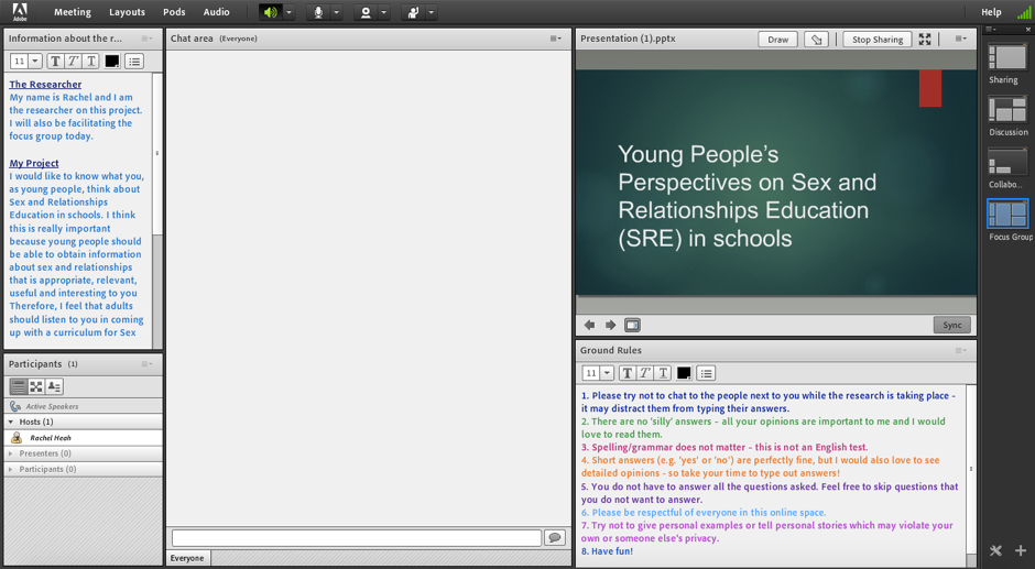 Layout of the online focus groups, with the main chat area in the centre