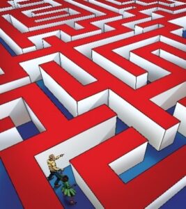 A person trapped in a red and blue maze
