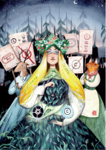 Image of woman with protesters behind