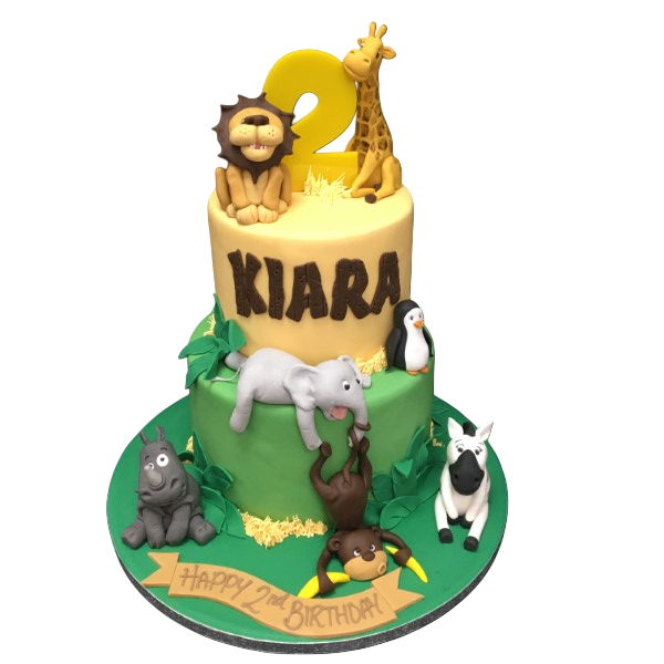 A colourful and fun safari animal-themed cake. Perfect for any jungle-themed party or celebration. Vibrant and eye-catching design.