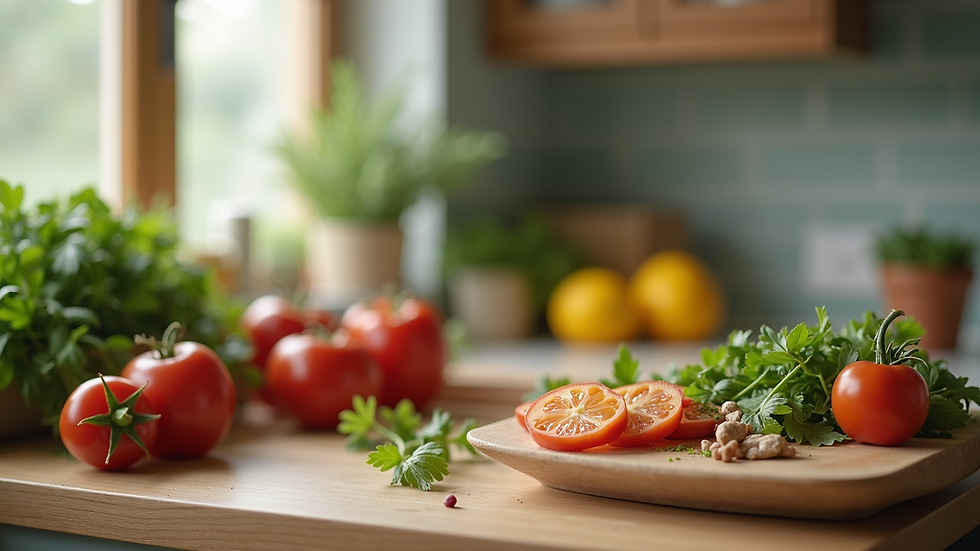 Close-up view of healthy meal ingredients on a kitchen counter