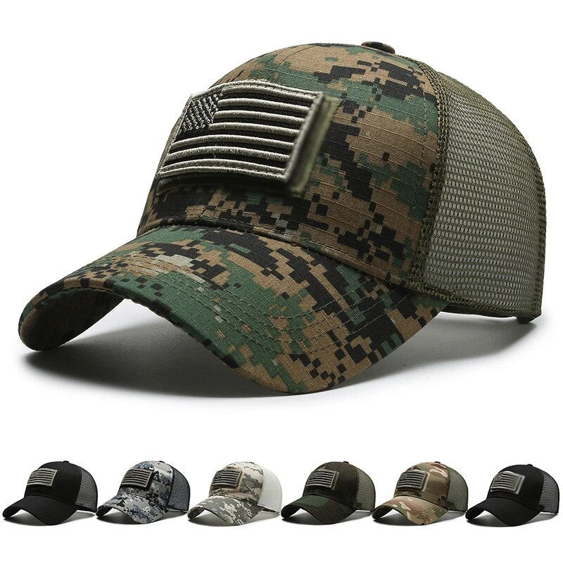Boné Camuflado com Bandeira Americana – Estilo Outdoor, Conforto e Personalidade