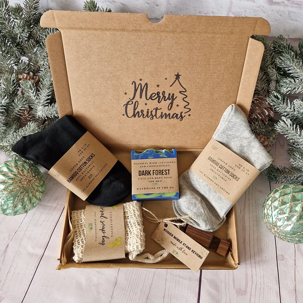 Eco-friendly Christmas gift box for men with bamboo socks, handmade soap, lava stone bracelets, and a wooden keyring in a han