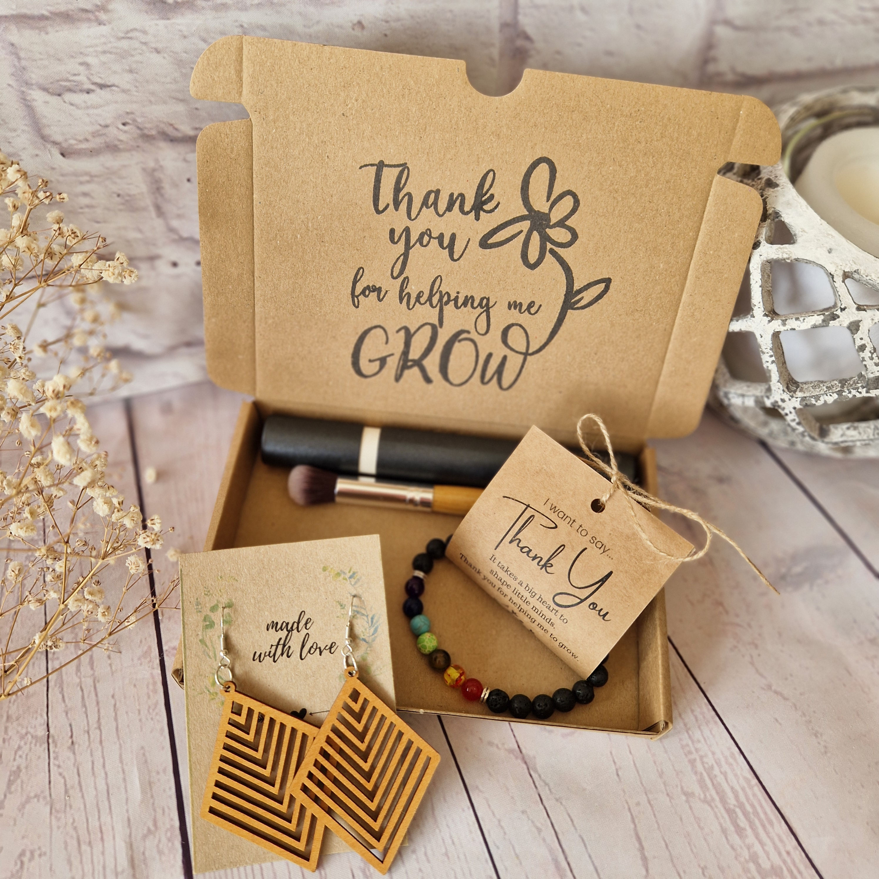 Thank You Teacher Gift – End of Year Eco Gift Set | Seven Chakra Healing Bracelet, Bamboo Brush & Wooden Earrings