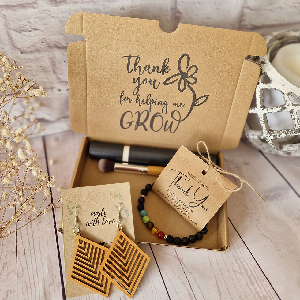 Thank You Teacher Gift – End of Year Eco Gift Set | Seven Chakra Healing Bracelet, Bamboo Brush & Wooden Earrings