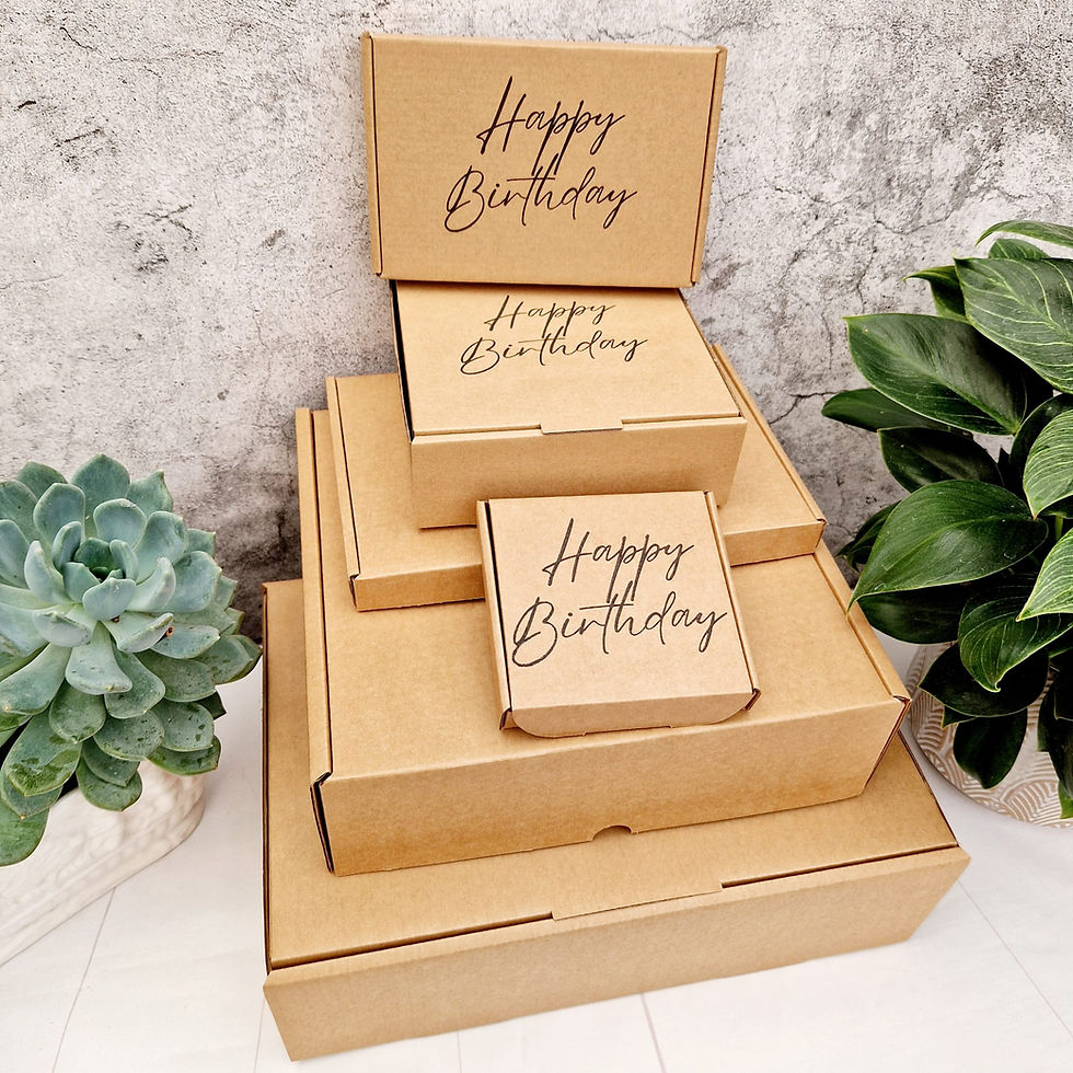 Thumbnail: Happy Birthday, Empty Hand-Stamped Kraft Gift Boxes. Eco-Friendly Royal Mail Large Letter, Mini, Medium, Small Parcel, Cardbo