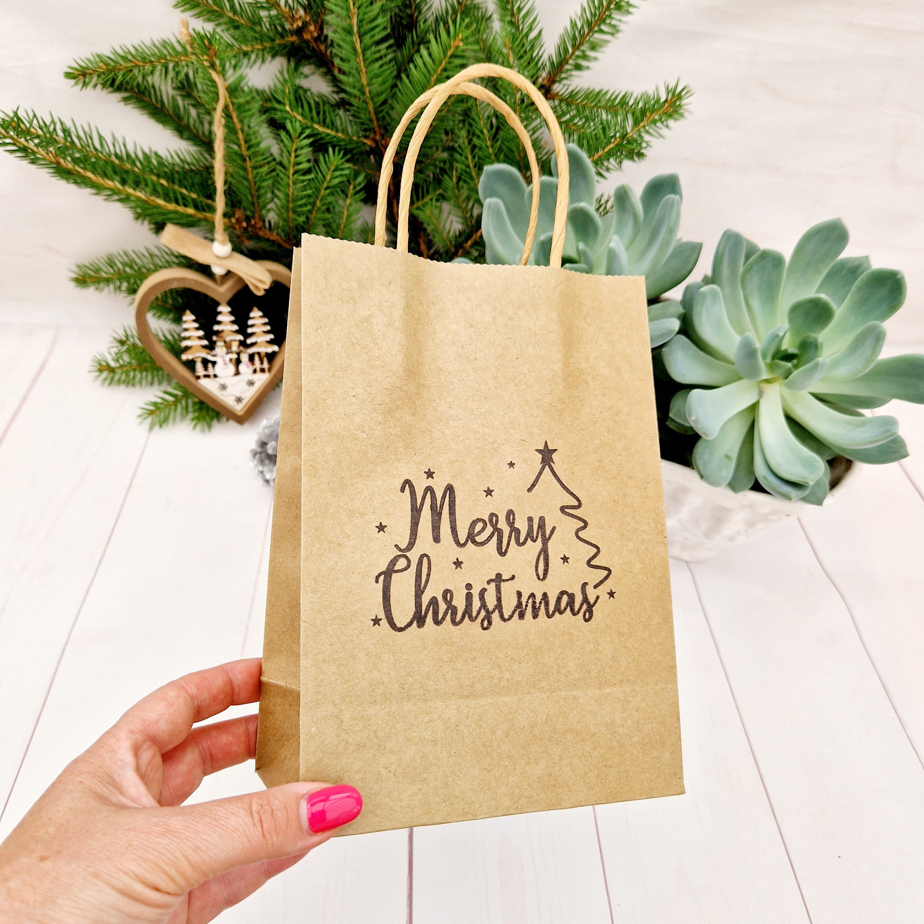 Merry Christmas Party Bag. Small or Medium Kraft Brown Paper Gift Xmas Bags. Eco Adorable Hand-Stamped Carrier Bags with Twis