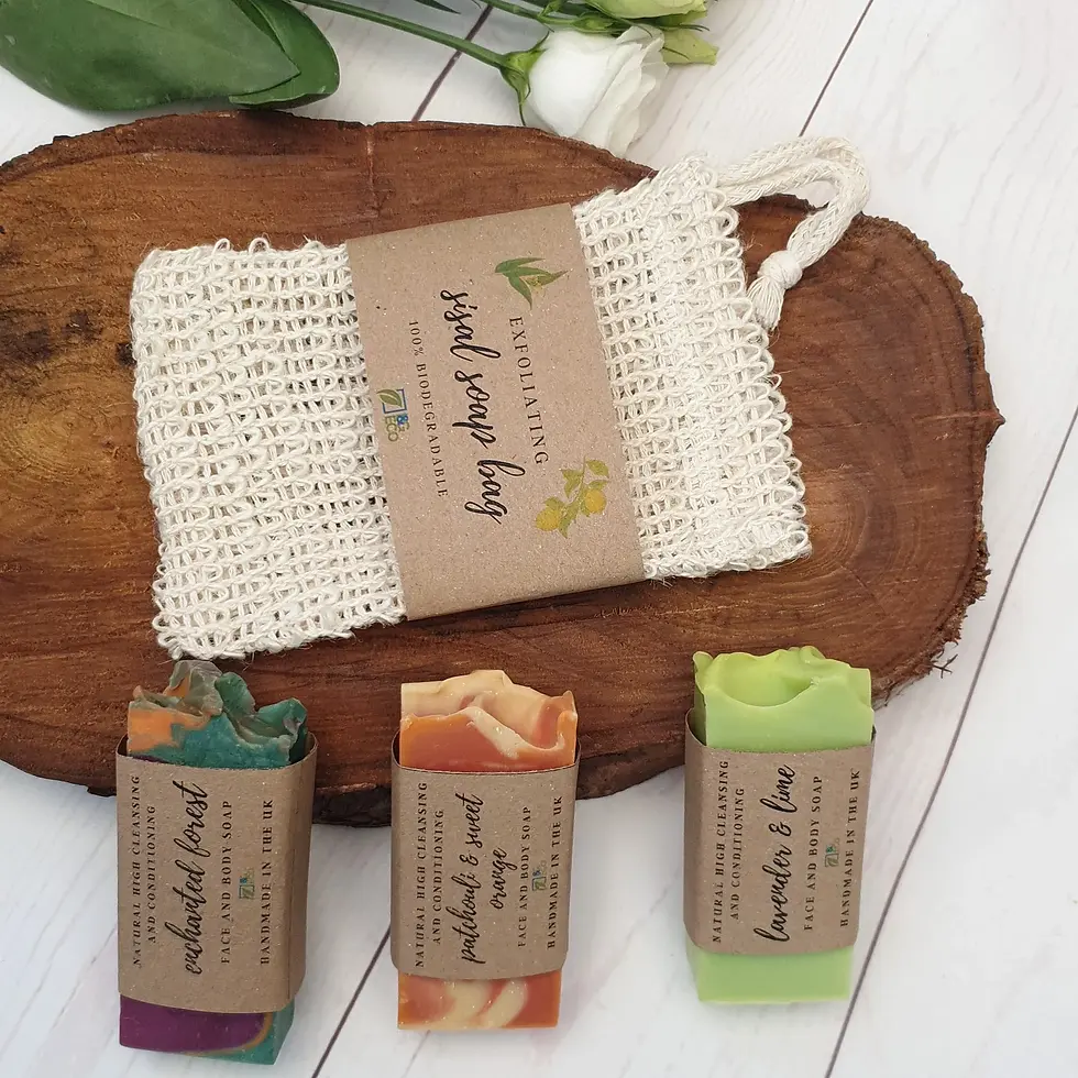 Thumbnail: Eco-friendly birthday soap gift set box for her/him. 3x half UK handmade organic soap/50g + sisal soap bag.  All natural, sus