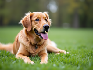 Golden Retriever sentado em gramado