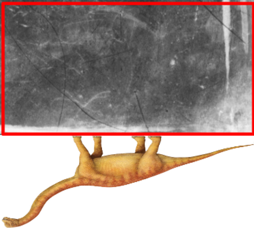 Ancient engraving of upside-down long neck dinosaur being tossed by waves on other long neck dinosaurs found on Noah's Tzohar