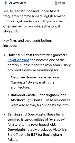 Google search result showing Queen Victoria frequently commissioned British manufactures to reproduce ancient furniture page1