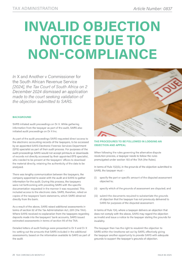 Tax document titled "INVALID OBJECTION NOTICE DUE TO NON-COMPLIANCE" with details on court case against South African Revenue Service.