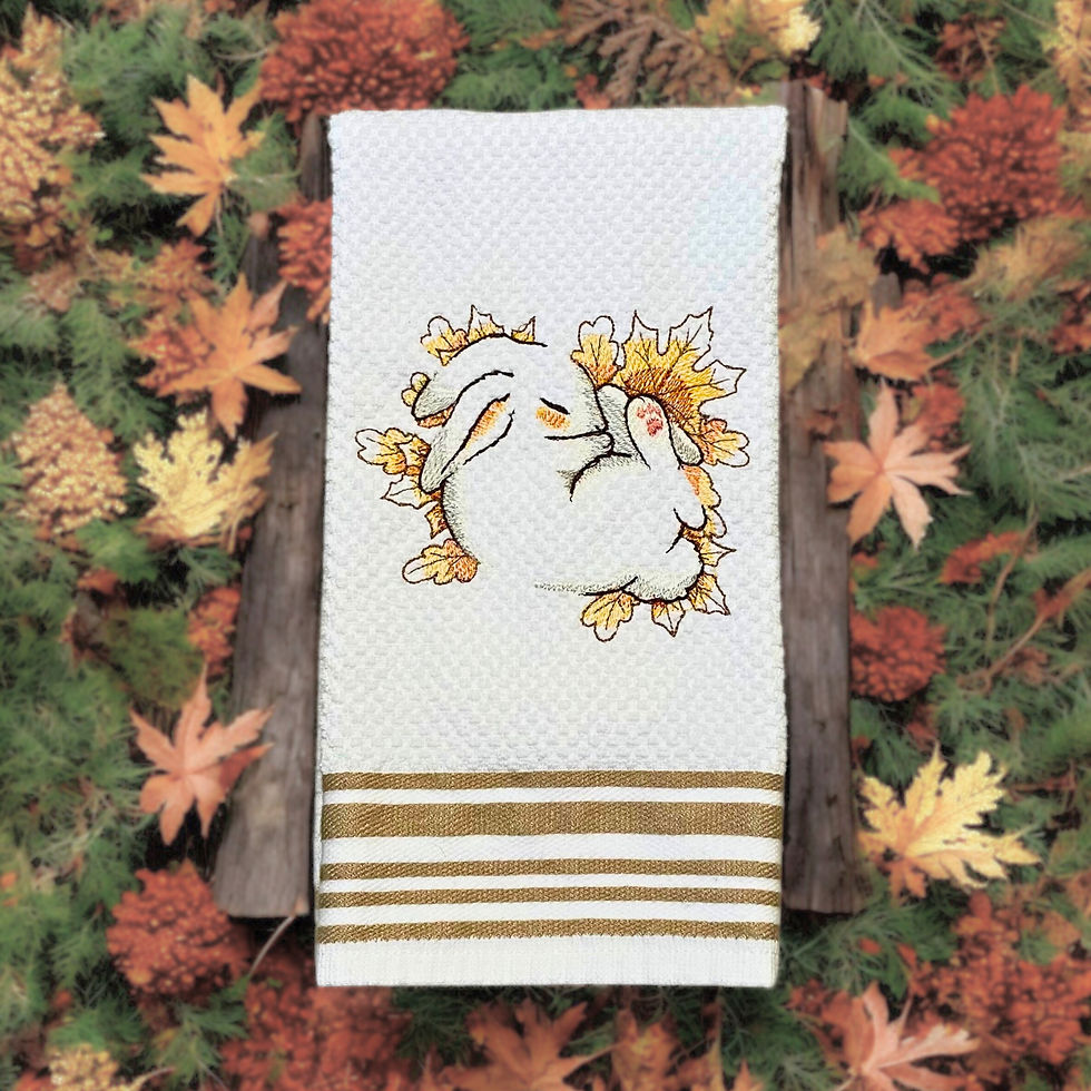Thumbnail: Soft, Sleepy Autumn Bunny- Embroidered Kitchen Towel