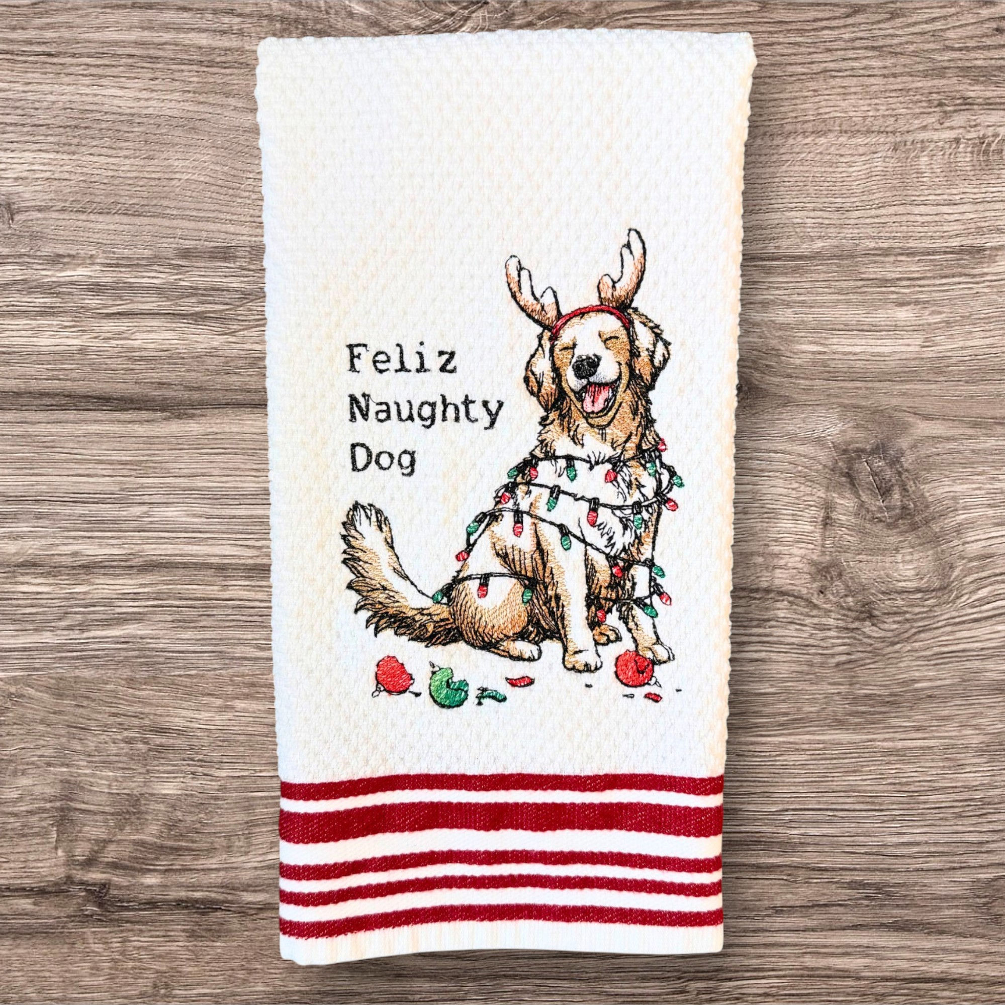 Feliz Naughty Dog- Embroidered Kitchen Towel