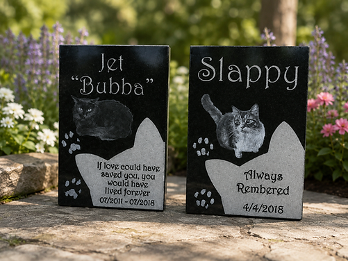 Black granite laser etched cat memorials