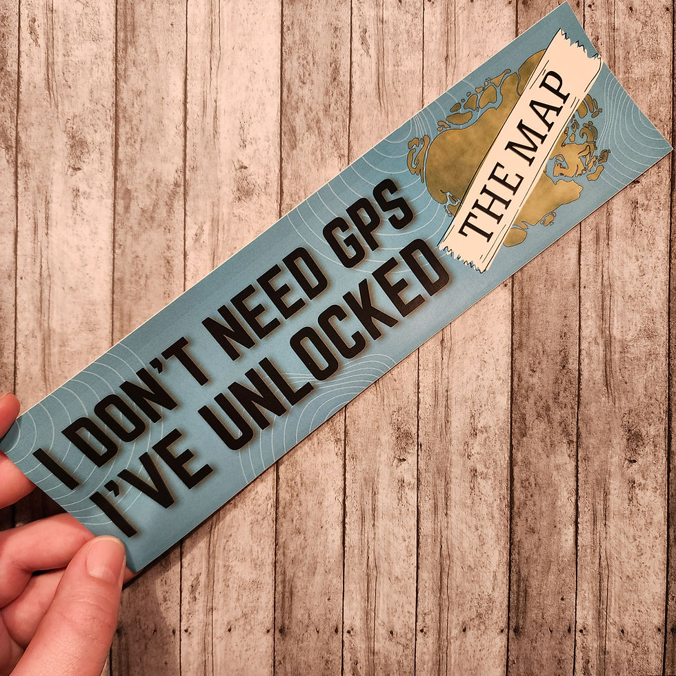 Thumbnail: Blue and Green bumper sticker with a fantasy map on it