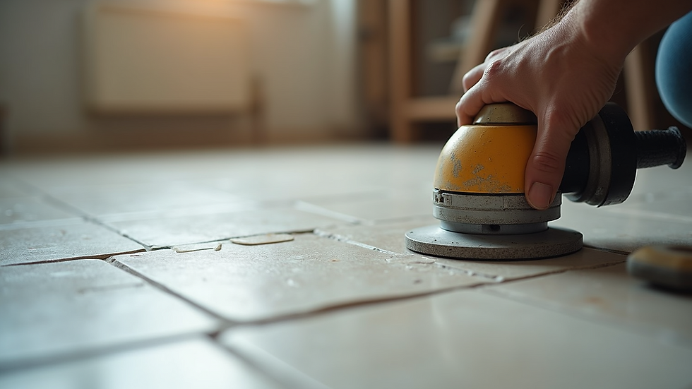 Close-up view of tile cutter cutting ceramic floor tile