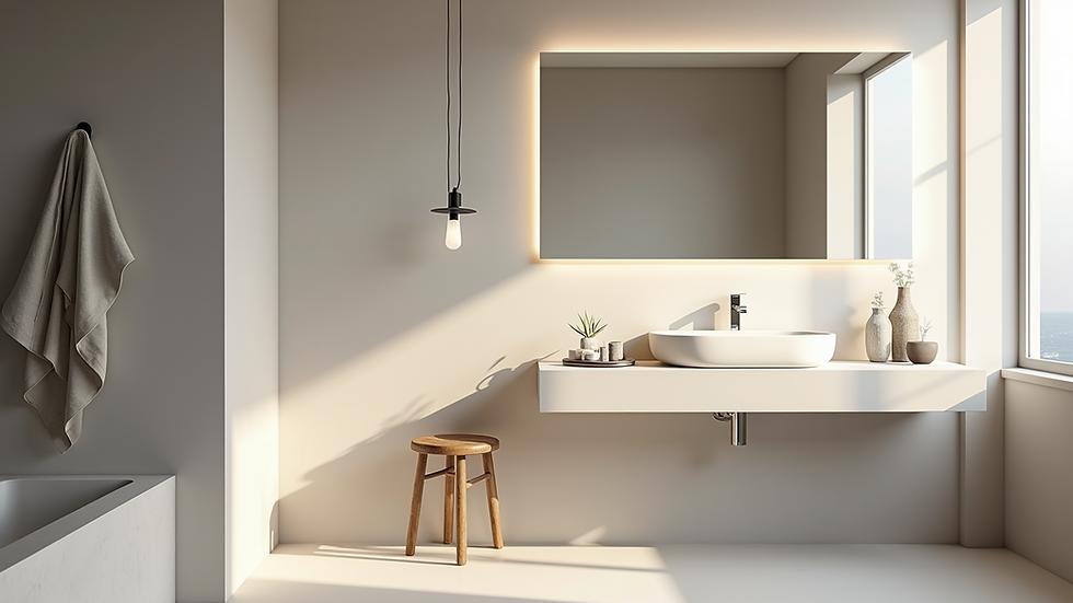 Eye-level view of a minimalist bathroom with a floating vanity