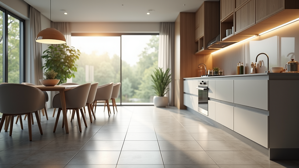 Eye-level view of a modern kitchen with affordable tile flooring