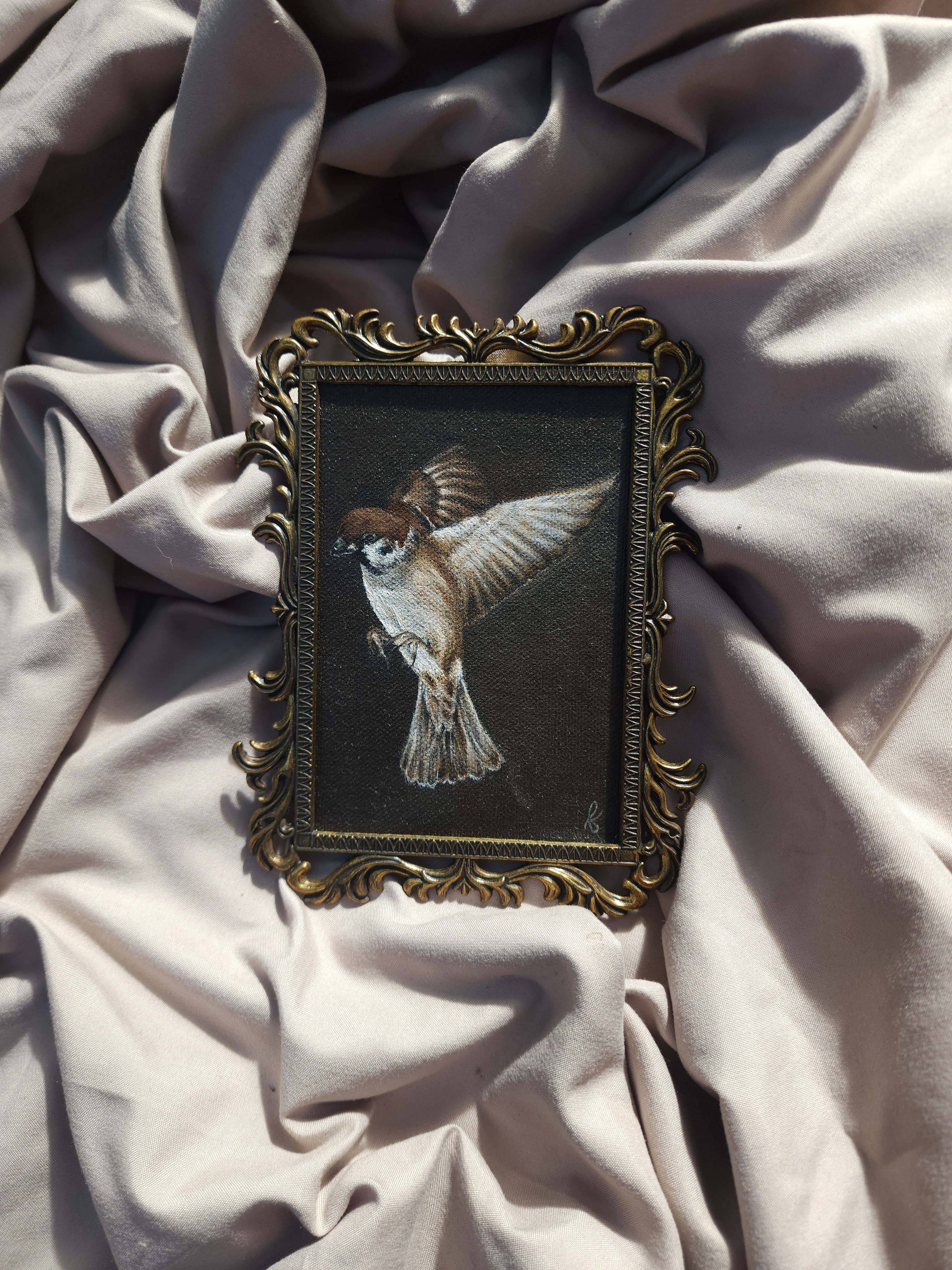 Original oil painting of a moody sparrow