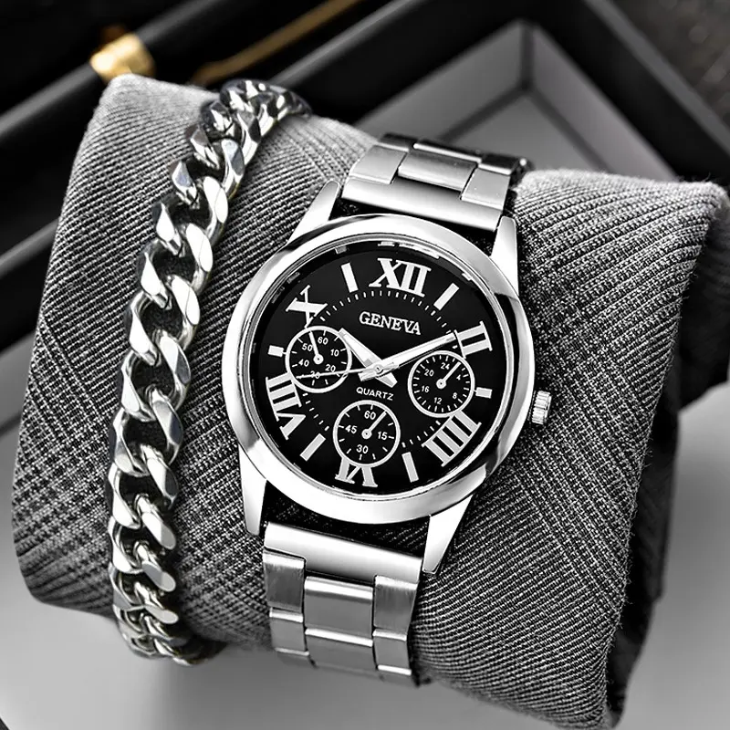 2PCS Geneva Watch Set Chronograph Quartz Watch And Bracelet Gift Set My Site