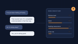 AI chat offering reassurance beside a blurred panel of the model's hidden read of the user's distress and crisis risk.