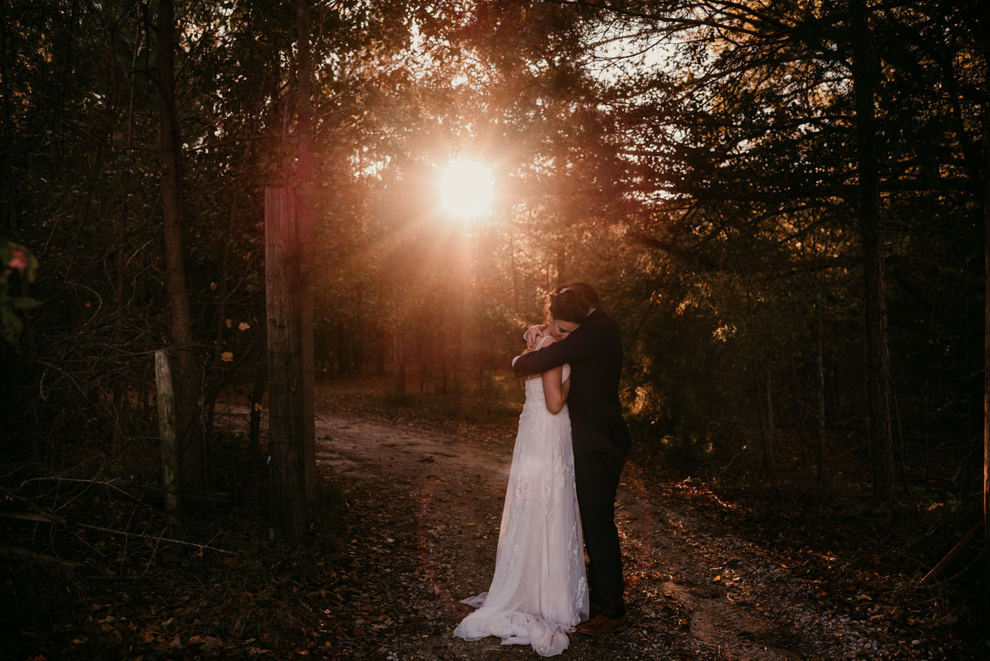 sunlight bursting through the trees to highlight a wedding day kiss