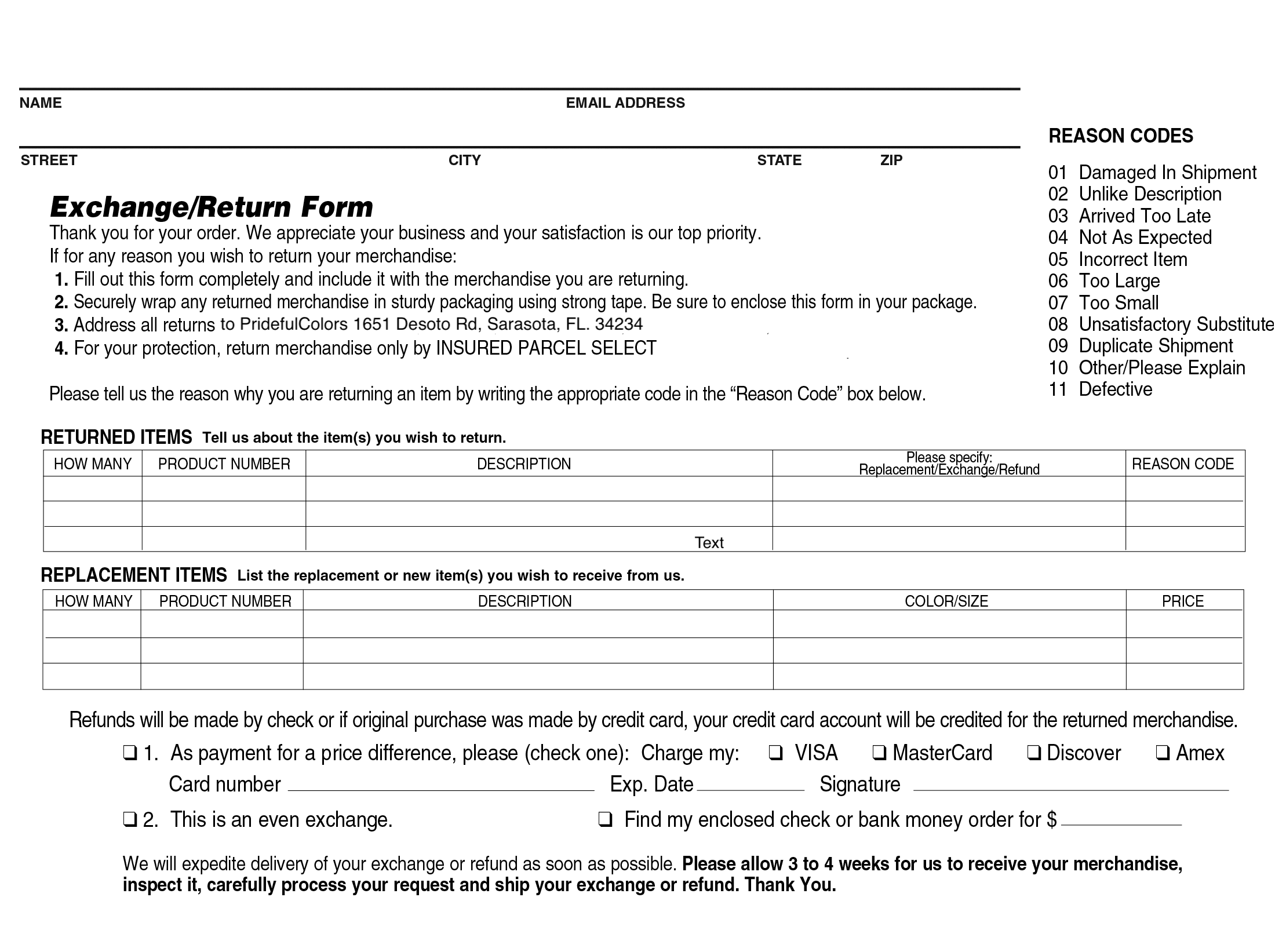 return/exchange form