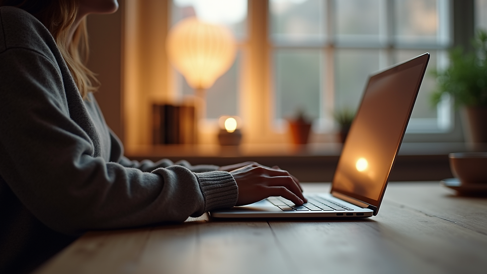 Eye-level view of a person using a laptop at a cozy home desk