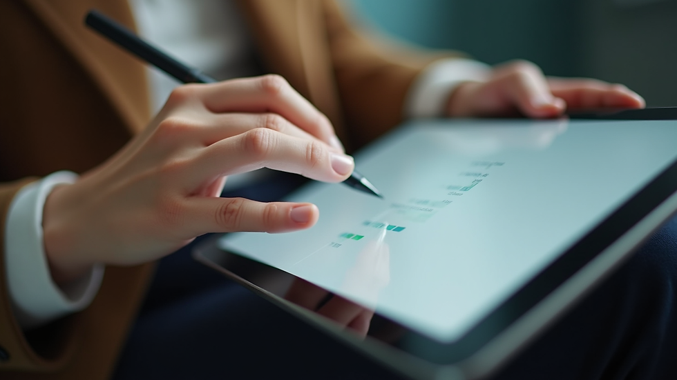 Close-up view of a person’s hand using a tablet with a simple app open