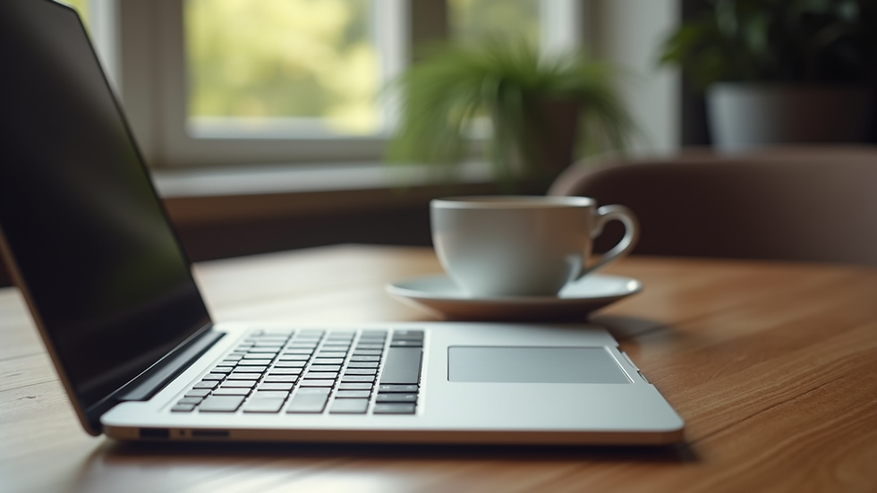 Eye-level view of a laptop on a wooden desk with a cup of coffee