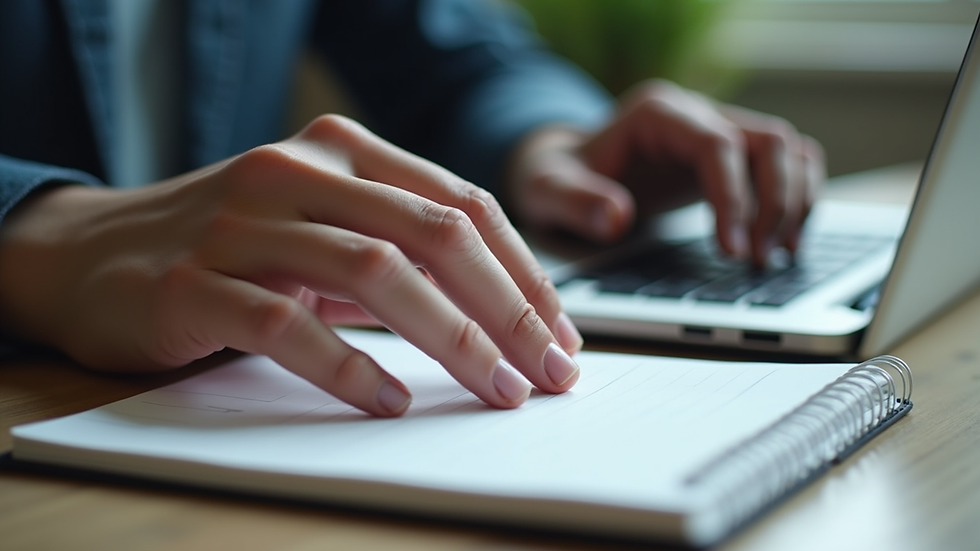 Close-up view of a person’s hands typing on a keyboard with a notebook beside