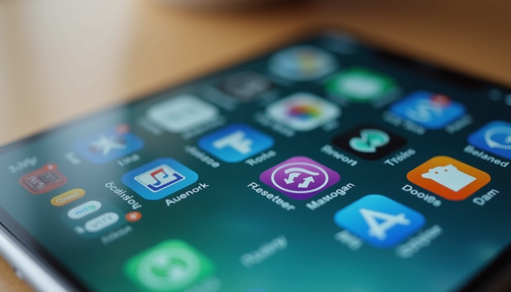 Eye-level view of a smartphone screen showing simple app icons arranged neatly